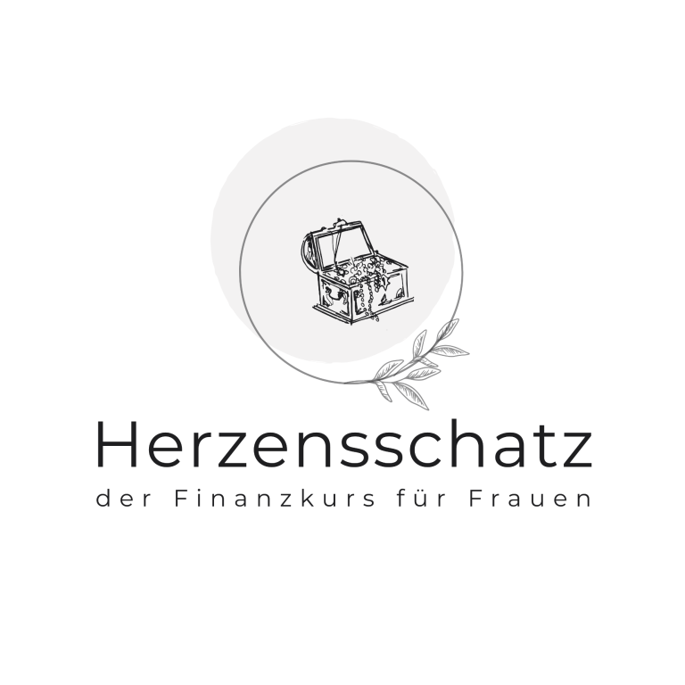 Logo von "Herzensschatz", einem Finanzkurs für Frauen mit Schatzkiste und botanischem Element.