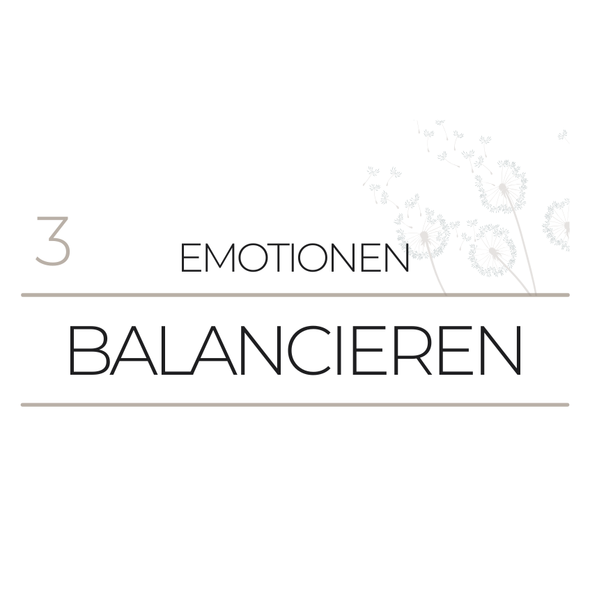 Text "3 EMOTIONEN BALANCIEREN" auf einfacher, klarer Hintergrund.