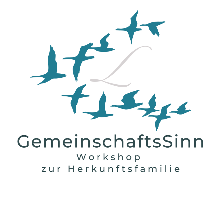 Logo mit stilisierten Vögeln und dem Text "GemeinschaftsSinn – Workshop zur Herkunftsfamilie".